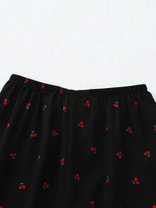 طقم بيجامة مطبوع بالكرز 2 قطعة، ملابس علوية بياقة وأزرار طويل الأكمام وبنطلون، ملابس نوم وملابس منزلية للنساء، مناسب للخريف/الشتاء