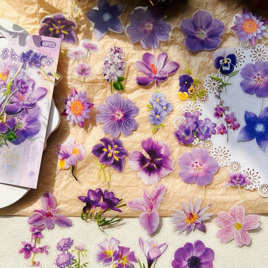 60pcs Flower Leaf Collage Stickers Scrapbooking Journaling For Daily Planner Junk Bullet Journaling Card Making PET Decor Stickers - Multicolor - View 1