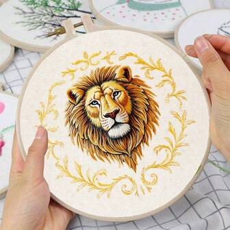 1 Set Beginner Friendly Lion Embroidery Starter Kit, Cross Stitch Decorative Pattern, 7.87x7.28in DIY Handcraft Set, Adult Craft Pack Includes Pattern, Threads, Hoop, Needles, Instructions, Ideal Gift For Halloween/Thanksgiving/Valentine's Day/Christmas/Birthday