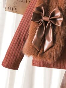 3pcs Fashion Girls Toddler Wool Vest Jacket, Long Sleeve Knit Top And Faux Leather Skirt Set, Spring/Autumn - Chocolate Brown - View 5