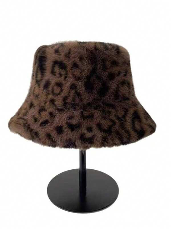 1pc Leopard Print Vintage Polyester Faux Fur Patchwork Warm Hat, Autumn/Winter Retro Bucket Hat, Flattering