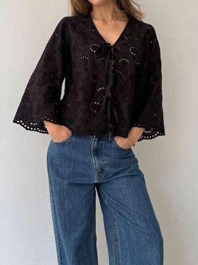 Women's Eyelet Blouse Fashionable Solid Color V Neck 3/4 Sleeve Loose Tie Front Tops