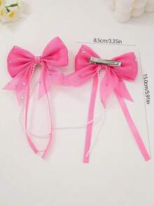10pcs/Set Girls Colorful Ribbon Pearl Chain Bow Hairpins Heart Rhinestone Bow Decor Cute Hair Clips, Suitable For Daily Use - Multicolor - View 3