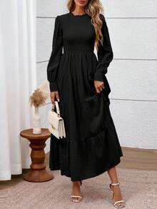 Women's Long Sleeve Maxi Dresses Fall Casual Smocked Trim Neck Swiss Dot Tiered Flowy Wedding Guest Dress - 黑色 - 查看 3