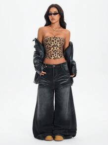 Top de camisola con estampado de leopardo y lentejuelas vintage para mujer