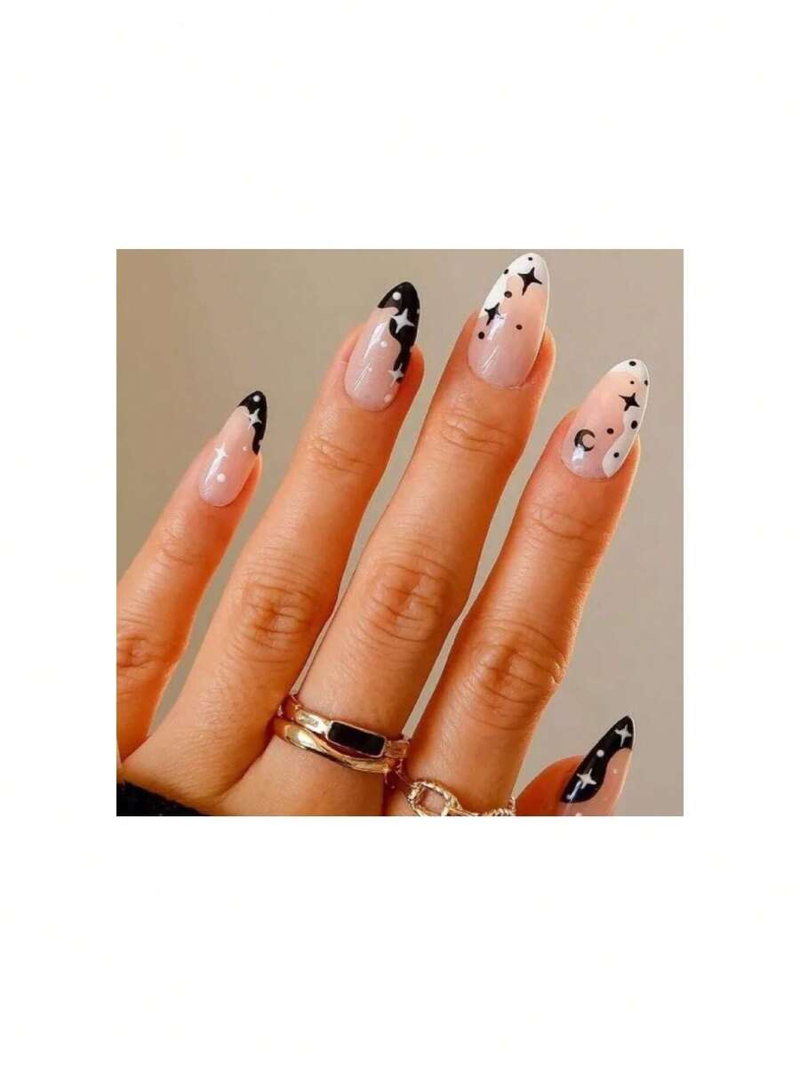 Black Press On Nails Medium Almond, Emo Crush Jelly Gel Gothic Stiletto False Glue On Nails Kit With Moon Star Desgin For Women, Reusable Short Oval Stick On Acrylic Fake Nail Manicure Set,17114301 - 彩色 - 查看 1
