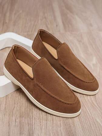 Men's Fashion Breathable Versatile Solid Color Preppy Style Faux Suede Leather Slip-On Casual Loafers, Lightweight Flat Slip-On Shoes