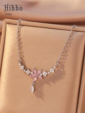 Hihho 1pc Floral Necklace, Delicate & Minimalist Clavicle Chain For Women, French/European Style Embedded Sparkling Pink Zirconia Five-Petal Flower, Tassel Water Drop Pendant, Suitable For Daily Wear, Holiday & Date Gift