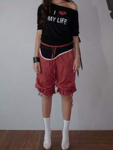Cropped Pants For Women Ruffle Long Bloomers Flare Lace Trim Pantaloons Vintage Capri Bloomer Pants - 紅色 - 查看 2