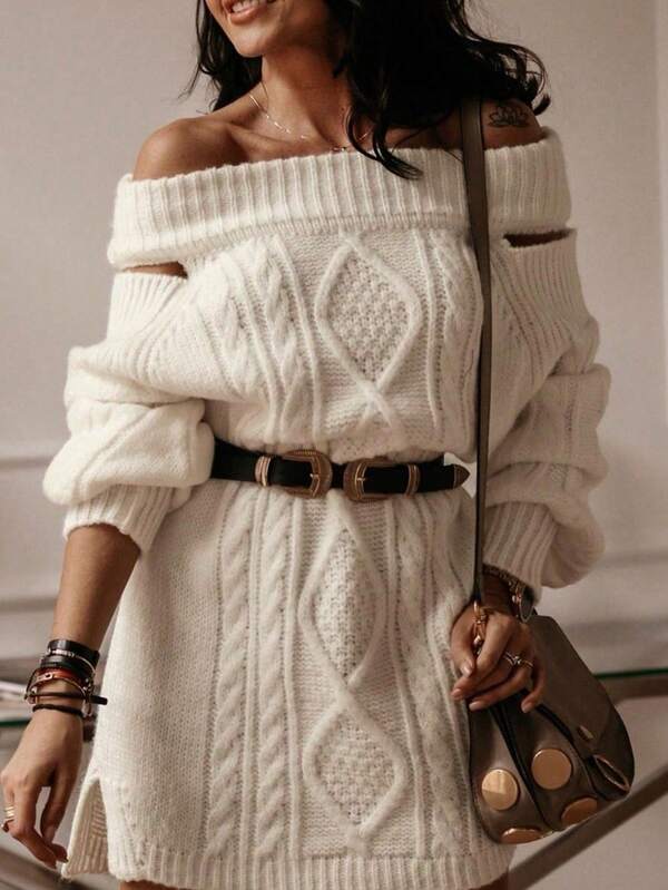 Elegante vestido de punto con hombros descubiertos y mangas largas para mujer, vestido de suéter con hombros descubiertos, vestido de otoño/invierno, atuendo de otoño para mujer, vestido de Navidad