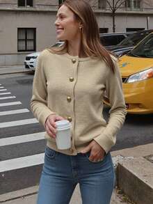 ملابس علوية نسائية كاجوال من القطن مزركشة بأزرار للياقة دائرية لفصل الخريف، مناسبة للعمل والمكتب