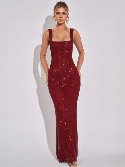 Elisanya Elegant Sexy Straps Sequins Mesh Sparkly Rhinestone Halter Dress Female Temperament Party Birthday Graduation