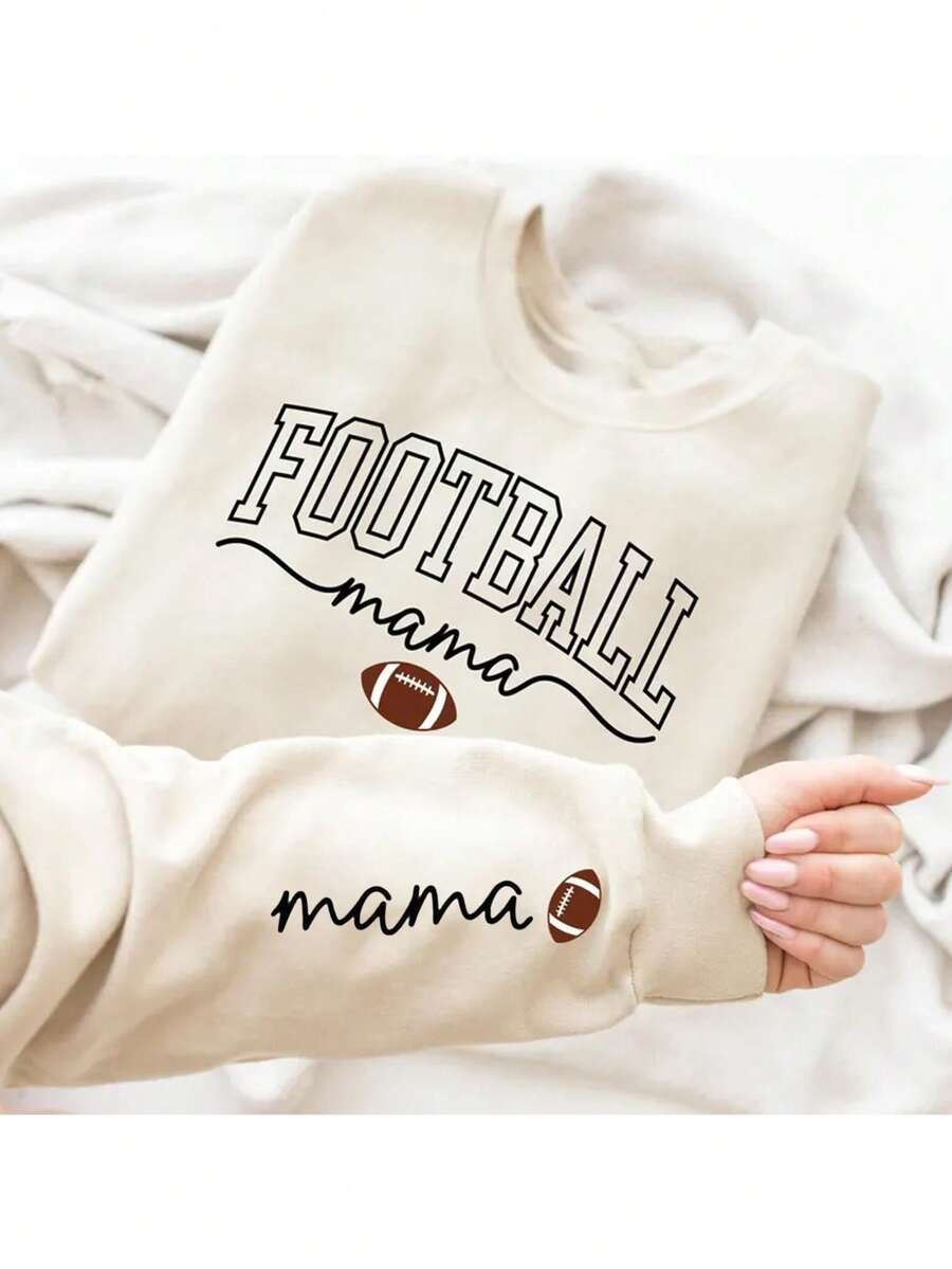 بلوزة كاجوال للنساء بياقة طاقم وأكمام متدلية مع رسم "كرة القدم"، عودة إلى المدرسة في يوم المباراة، ملابس الخريف
