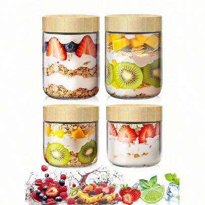 玻璃罐、隔夜燕麦罐（带盖）、厨房玻璃罐、燕麦片罐（带盖）、玻璃储物罐、密封食品罐（带木盖）、玻璃杯、食品储物容器、调料罐、燕麦片杯、酸奶杯、早餐杯、麦片容器、沙拉杯，可用洗碗机清洗，适用于酸奶、沙拉和麦片