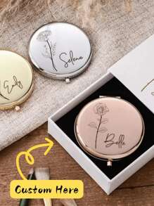 Customized Name Engraved Makeup Mirror, Personalized Gift, Folding Portable Double-Sided High Definition Mirror, Stainless Steel Compact Mirror, Christmas Gift, Bridesmaid, Wedding Gift, Customized Floral Engraved Makeup Mirror, Suitable For Bestie, Girlfriend, Mom, Mother's Day, Birthday, Graduation, Wedding, Anniversary, Practical Gift, Fall Decor - Multicolor - View 2