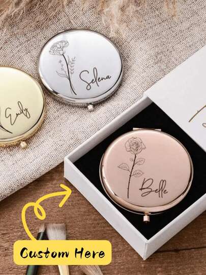 Customized Name Engraved Makeup Mirror, Personalized Gift, Folding Portable Double-Sided High Definition Mirror, Stainless Steel Compact Mirror, Christmas Gift, Bridesmaid, Wedding Gift, Customized Floral Engraved Makeup Mirror, Suitable For Bestie, Girlfriend, Mom, Mother's Day, Birthday, Graduation, Wedding, Anniversary, Practical Gift,Fall Décor