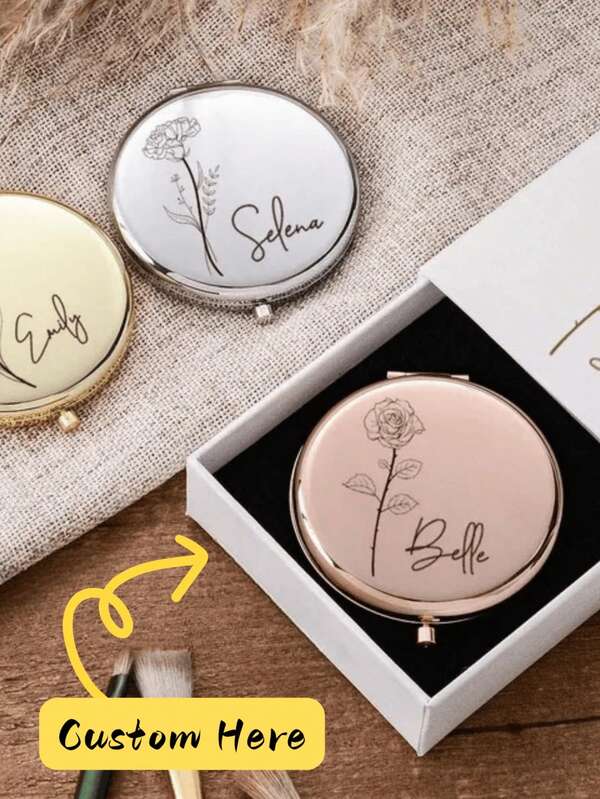 Customized Name Engraved Makeup Mirror, Personalized Gift, Folding Portable Double-Sided High Definition Mirror, Stainless Steel Compact Mirror, Christmas Gift, Bridesmaid, Wedding Gift, Customized Floral Engraved Makeup Mirror, Suitable For Bestie, Girlfriend, Mom, Mother's Day, Birthday, Graduation, Wedding, Anniversary, Practical Gift