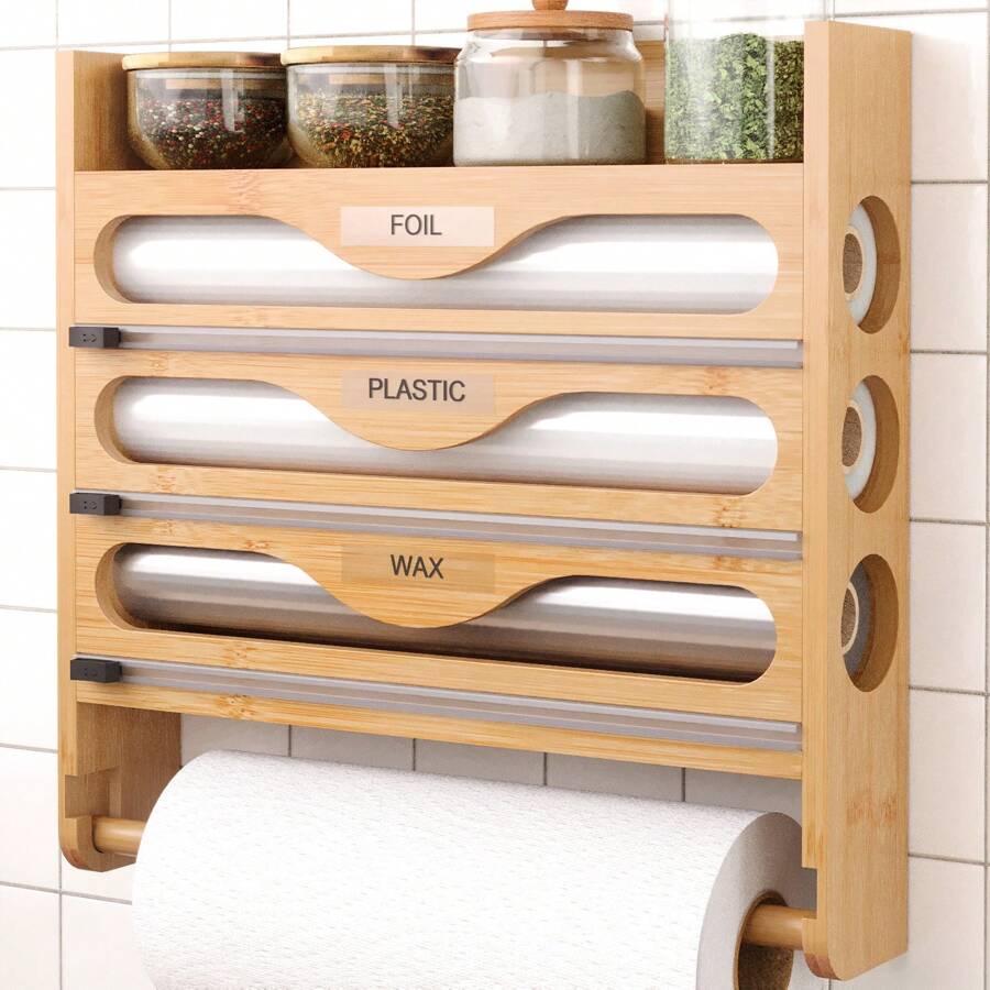 1pc Bamboo Plastic Wrap Dispenser, Aluminum Foil Dispenser With Paper Towel Holder, Plastic Wrap Organizer, Suitable For Kitchen-Back To School