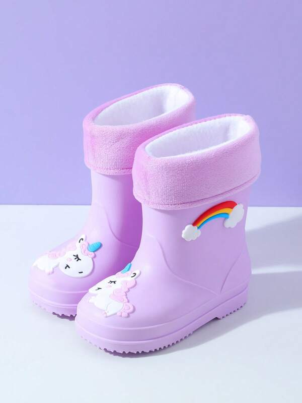 2025 New Children's Mid-Calf Rain Boots, Thick Warm Durable Rubber Boots, Cute Cartoon Plush Fabric High-End, Suitable For Boys And Girls, Elementary School Students, Fresh Style Mid-Calf Rain Boots, Sturdy And Waterproof, Anti-Slip