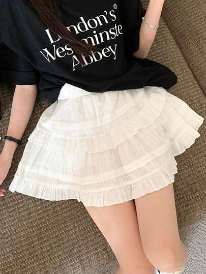 女式纯色芭蕾高腰荷叶边下摆多层蛋糕裙，春夏