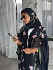 2pcs Modest Printed Cardigan & Headscarf Set, Middle Eastern Dubai Style Abaya Wedding Black Spring - Black - View 6