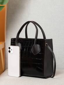 休闲简约百搭鳄鱼纹女式手提包 - 黑色 - 查看 3