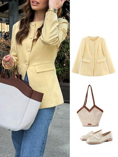 Women's Fashionable Elegant Minimalist Round Neck Long Sleeve Button Front Casual Jacket, Autumn