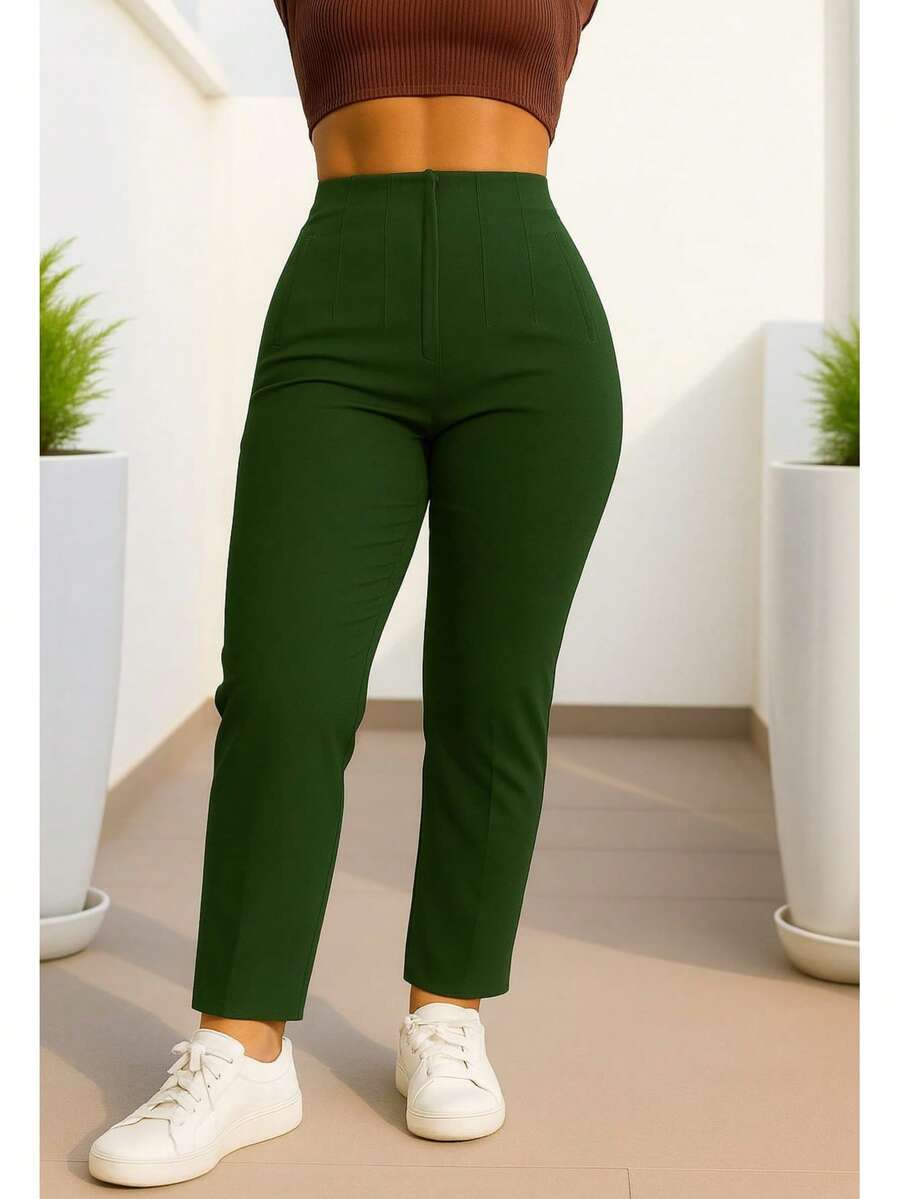 Stretch Pleated Trousers For Women - Dark Green - View 1