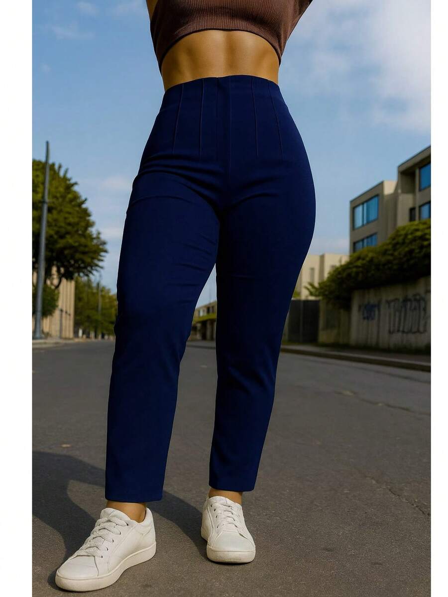 Stretch Pleated Trousers For Women - Navy Blue - View 1