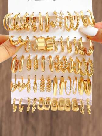 Set de 12-60 piezas de pendientes de aro en forma de C con perlas falsas de metal en estilo vintage minimalista elegante, pendientes geométricos huecos con flores, joyería versátil para uso diario y como regalo para mujeres