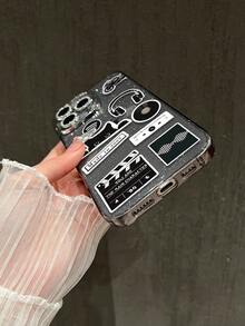 1pc Black Glitter Base Black & White Sticker Style Phone Case, Earphone Vinyl Record Cat Movie Clapperboard Player Creative Collage Transparent Full Coverage Soft Shell Retro Cool Unisex Protective Case Compatible With IPhone17/17Pro/17ProMax/16/16Plus/16ProMax/15ProMax/11/12/13/14 Series - Fine Black Glitter - View 4
