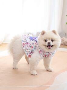 1pc Floral Ruffled Pet Dress With Purple Bow - Cute Princess Outfit For Small Dogs (Pomeranian/Teddy Bear) - Multicolor - View 4