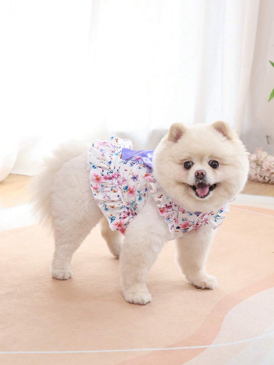 1pc Floral Ruffle Pet Dress With Purple Bow - Small Dog (Pomeranian/Teddy Dog) Cute Princess Outfit - Multicolor - View 1