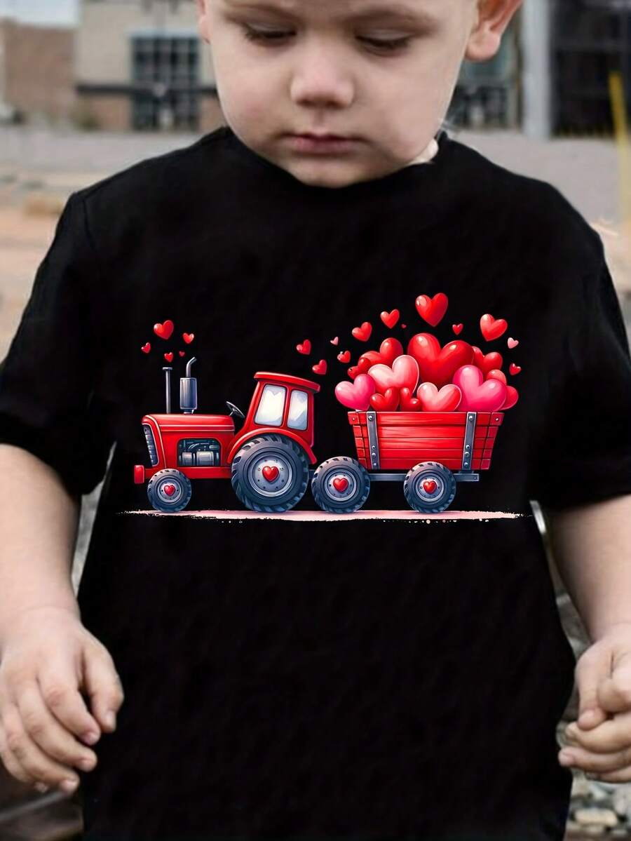 Valentine'S Day Boys Cotton T-Shirt "Tractor And Heart" Print, Comfortable And Casual Round Neck Short Sleeve - màu đen - Xem 1
