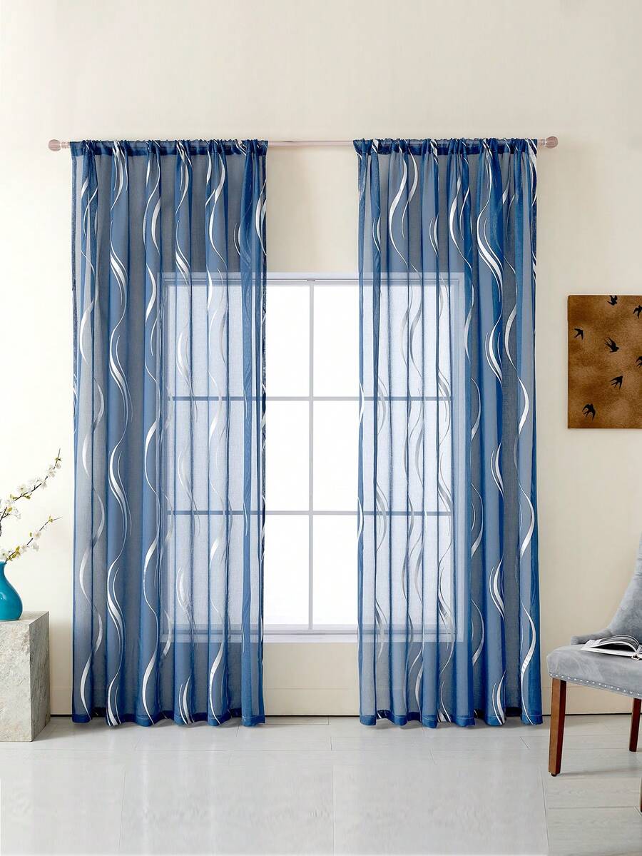 1pc Modern Metal Wave Pattern Single-Sided Black & Gold Sheer Curtain