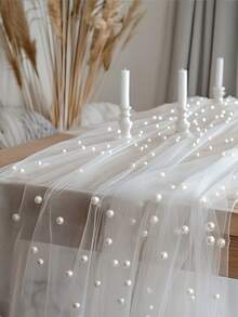 1 Stück weißer Perlen-Tüll-Tischläufer, Polyesterstoff, für Hochzeitsfeier, Bridal-Shower, Dessert-Tisch-Dekoration, Hintergrundvorhänge, Stuhlschleifen-Dekoration