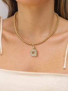 1Pc Women's Stainless Steel Bead Chain With A Diamond Studded Three-Dimensional Initials Pendant, Simple And Elegant In Style, Suitable For Wearing At Parties Or Banquets, 18k Genuine Gold Electroplated Bead Chain