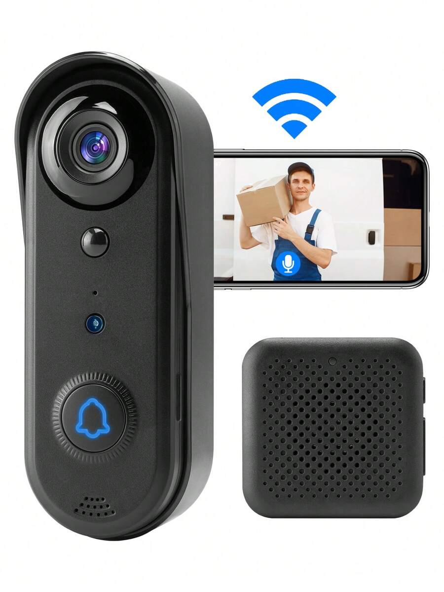 1080P Wireless Video Doorbell Camera With Indoor Chime, 2.4Ghz WiFi, HD Live Video, Two Way Audio, Night Vision, Human Detection, Free Cloud Storage And SD Card Storage,Instand Alert, Easy To Install, Weather Resistance, Outdoor/Indoor Security - 黑色 - 查看 1