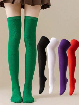 1 双女童弹力过膝袜，纯色过膝袜，适合圣诞节、万圣节派对、角色扮演、舞蹈，适合 12 岁及以上女孩