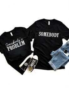 1pc Couple Matching T-Shirts For Him & Her - King & Queen Print "Somebody's Problem" & "Somebody's Queen" Black Crew Neck Short Sleeve Shirts - Valentine's Day Gift, Casual Matching Outfits, Machine Washable, Casual Wear | Humorous Tshirt | Heat Transfer Print - 女性 - 查看 1