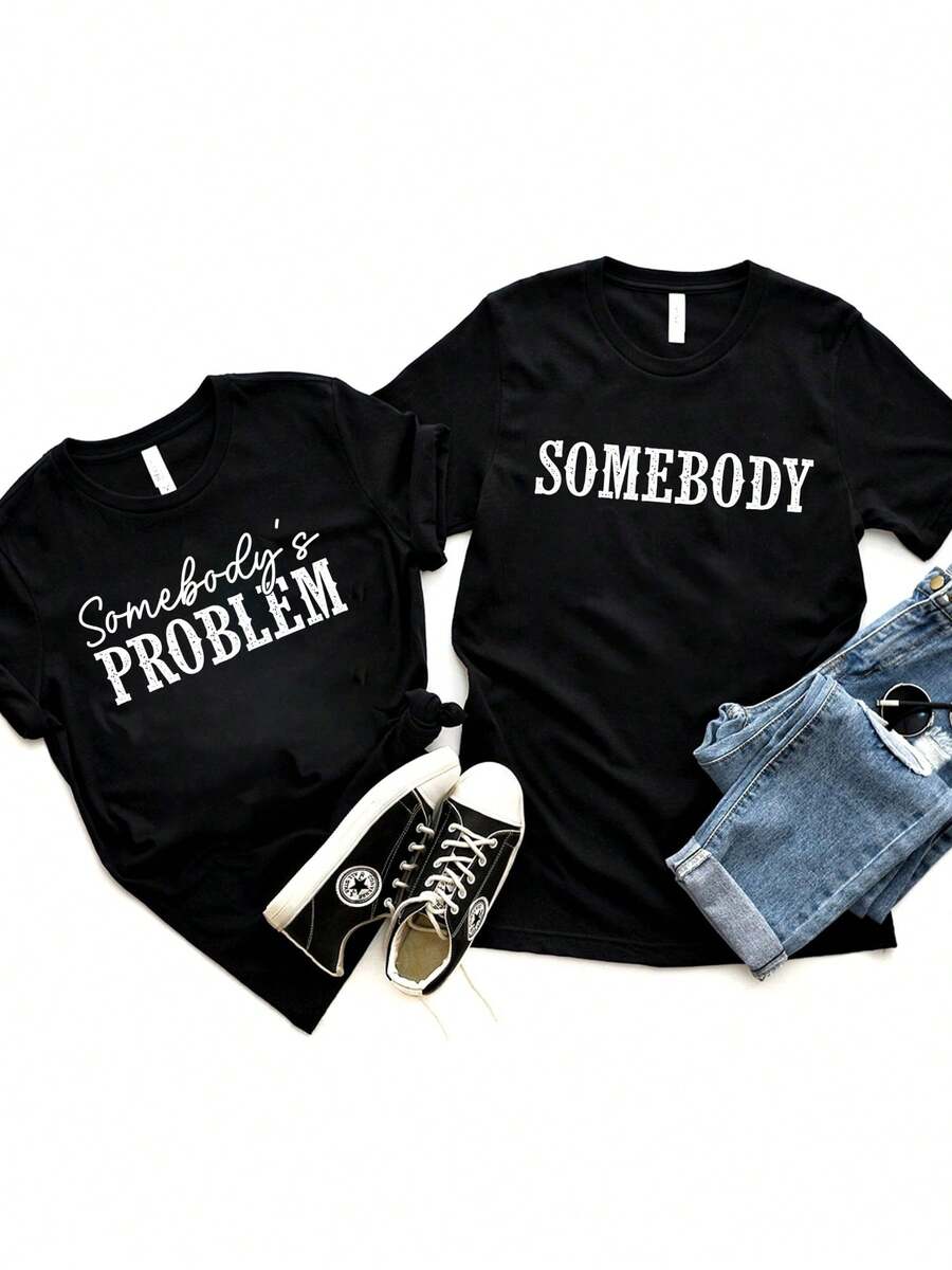1pc Couple Matching T-Shirts For Him & Her - King & Queen Print "Somebody's Problem" & "Somebody's Queen" Black Crew Neck Short Sleeve Shirts - Valentine's Day Gift, Casual Matching Outfits, Machine Washable, Casual Wear | Humorous Tshirt | Heat Transfer Print - 女性 - 查看 1