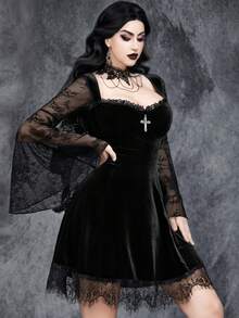 女式哥特式性感暗黑华丽复古浪漫万圣节女巫袖角色扮演蕾丝十字装饰拼接天鹅绒弹力连衣裙 - 黑色 - 查看 2