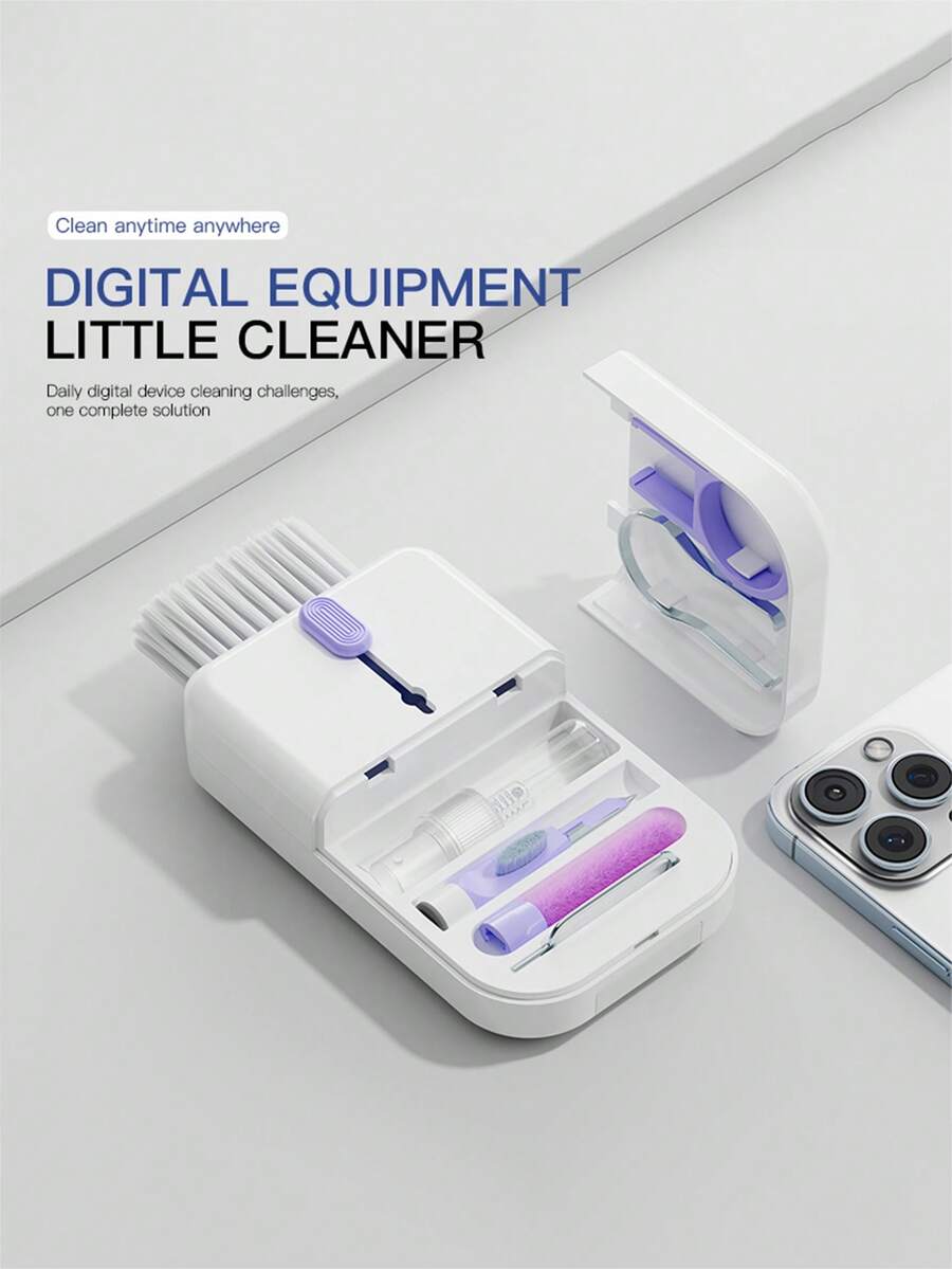 11-In-1 Multi-Function Electronics Cleaning Kit – Complete Set With Screen Cleaning Spray, Washed Flannelette & Phone Holder | Includes Hidden Brush, Density Brush, Cleaning Nib, Key Extractor, Detachable Memory Stick & Camera Lens Brush | All-In-One Tool For Laptop Screens, Keyboards, Phones, Cameras & Electronic Devices, Essential Cleaning Accessory - White - View 1