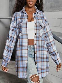Kurtka koszulowa w kratę damska w dużym rozmiarze, lekka odzież wierzchnia, koszula w kratkę z guzikami z przodu, idealna na powrót do szkoły w stylu Y2K, uniwersalna koszula z długim rękawem i kołnierzykiem, odpowiednia na co dzień, na zewnątrz, na wakacje, na cały sezon
