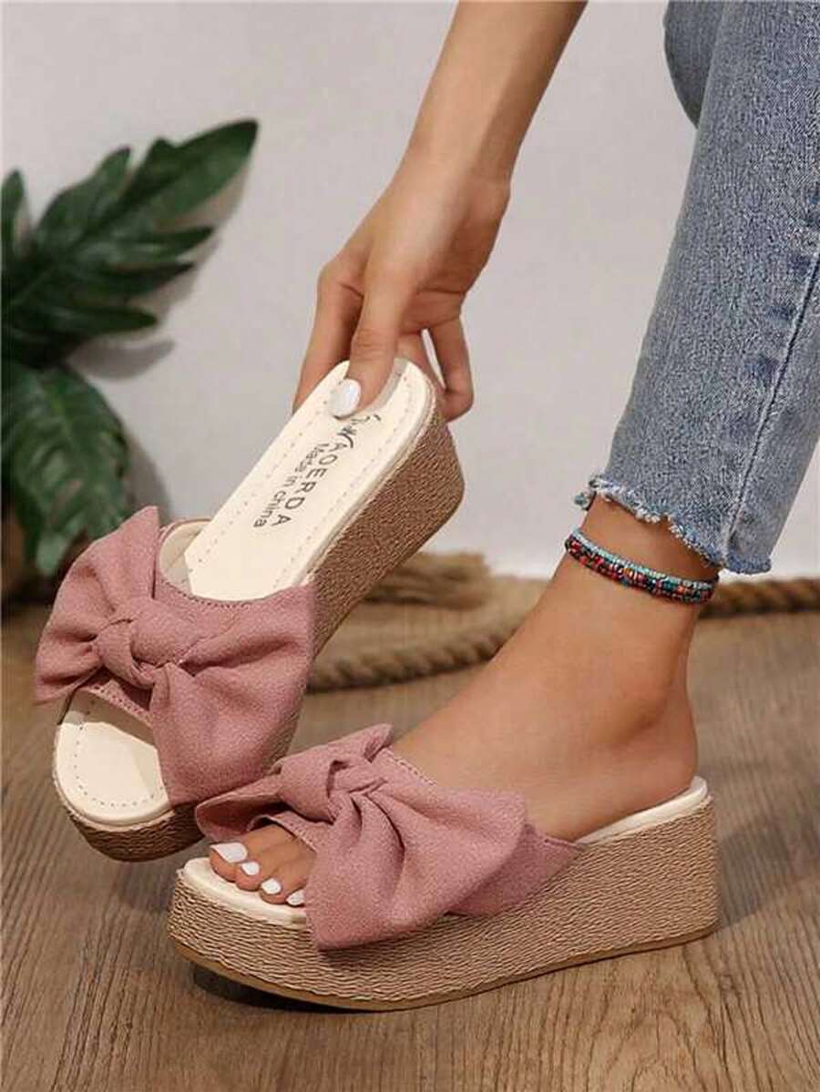 Suela gruesa, pendiente de sandalias, talón de moda femenina, nuevas zapatillas de verano, uso exterior y lazo de suela de pana de Fregona,Plataformas y sandalias de cuña para mujer - Rosa - Ver 1