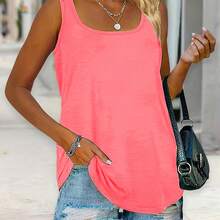 [Vibrant Tank Top] Vibrant Blue High-Stretch Plus Size Women's Sleeveless Tank Top | Casual Solid Color Vest With Ruffled Hem, Perfect For Summer Outfits Quality - 桃 - 查看 1