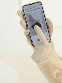 1 双女士休闲优雅面料绗缝冬季保暖时尚绒面绒触屏手套，日常保暖毛绒 PU 皮手套