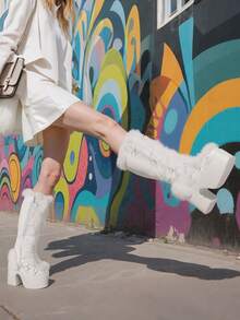 Women'S Y2K Fuzz Goth Knee High Snow Boots Fashion Punk Platform Chunky High Heels Lace-Up Side Zipper Fluffy Faux Fur Fall Winter Boots Woman - 白色 - 查看 2