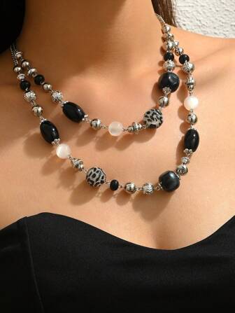 1pc Bohemian Vintage Elegant Black, Brown, Khaki Resin Round Beads, CCB Beads, Glazed Spotted Beads DIY Necklace, Imitation Jade Resin Round Beads With Metal Chain, Suitable For Sweater, Everyday, Party, Holiday, Suitable As Gift For Valentine's Day, Thanksgiving, Friends, Seasonal Wear. Each Resin Bead Has Slight Molding Mark