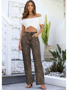 Jeans High Waisted Straight Leg Loose Jeanshalloween - 咖啡豹紋 - 查看 11